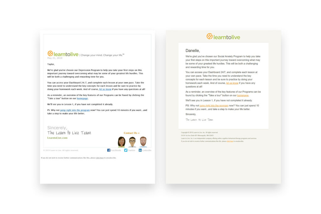 Learn to Live - Email Redesign comparison